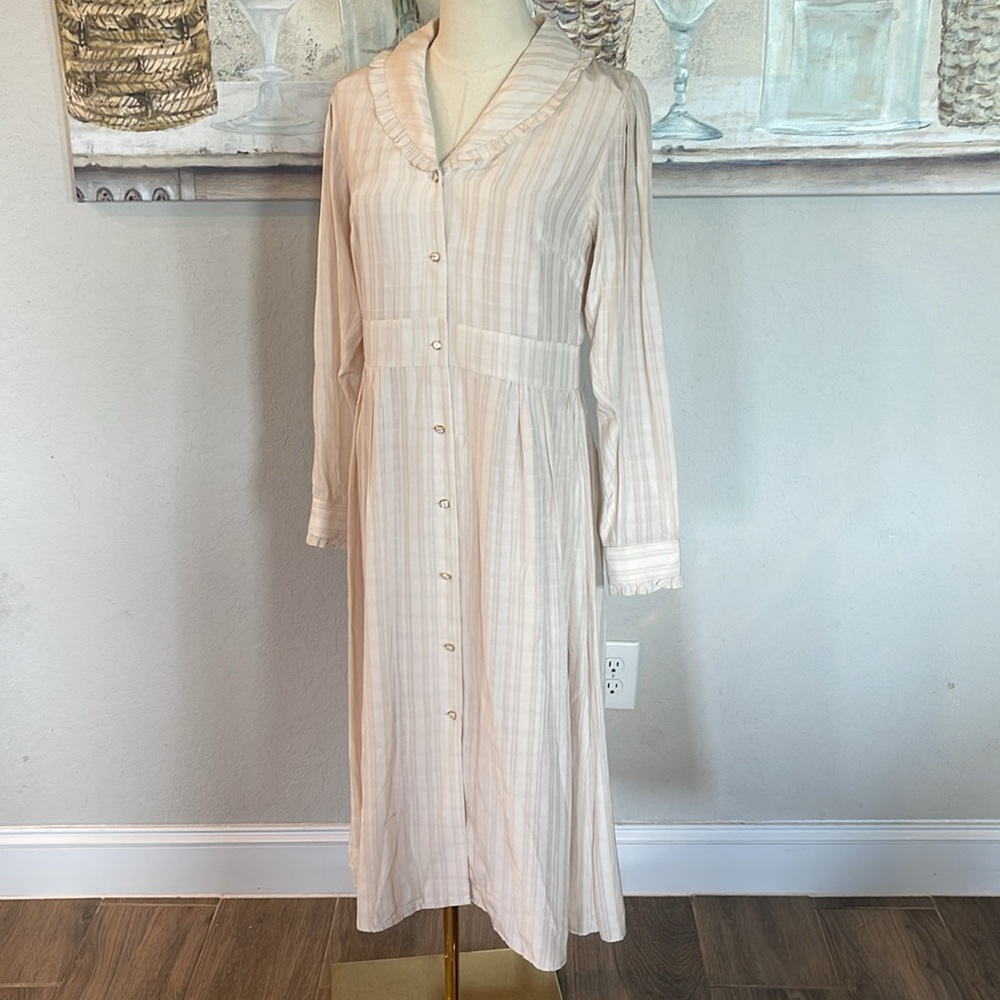 Classic Cream Striped Button-Front Midi Dress